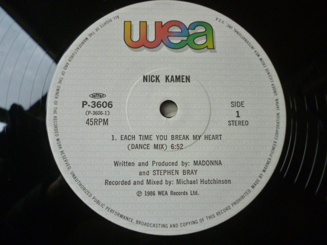 Nick Kamen / Each Time You Break My Heart ダンサブル POP DISCO 12 EXTENDED DANCE MIX 試聴_画像3