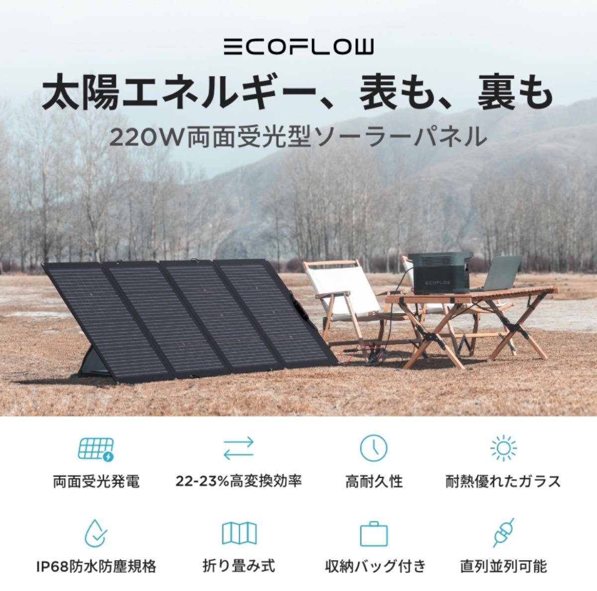 EcoFlow エコフロー220wソーラーパネル 太陽光パネル 折り畳み22%-23