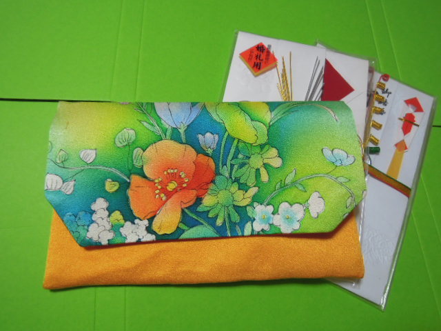  super-discount! orange color & green color series pretty poppy . floral print * stylish gold . inserting fukusa * silk ground * handmade 