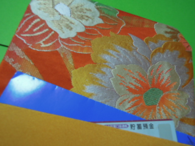  orange color & green color series pretty poppy . floral print *L size stylish gold . inserting fukusa * silk ground * handmade 