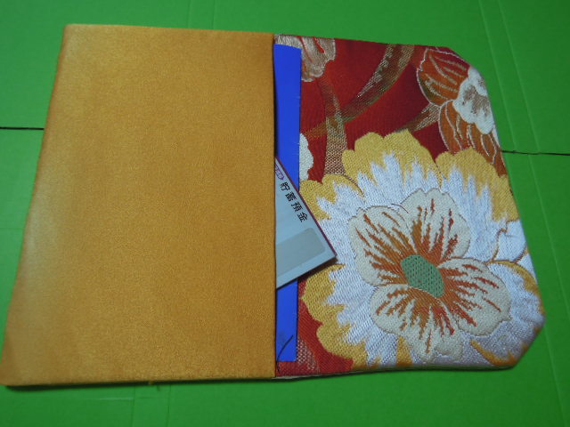  orange color & green color series . pretty poppy . floral print *L size * stylish gold . inserting fukusa * silk ground * handmade 