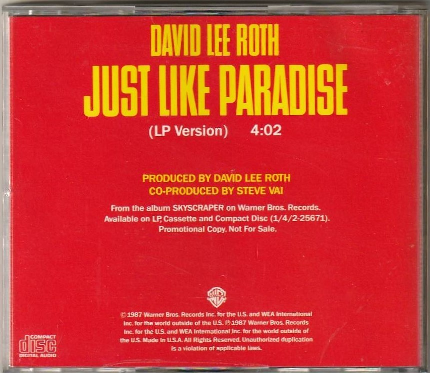 David Lee Roth　デイヴィッド・リー・ロス　Just Like Paradise US盤 貴重盤 CDシングル　：　Steve Vai_画像2