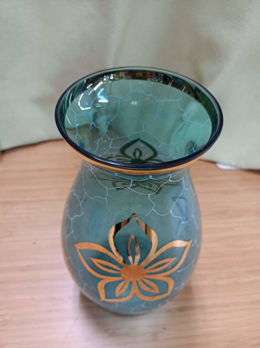 QAZ10966★Bohemian Glass ボヘミアングラス Czechoslovakia チェコスロバキア 花瓶 約23cm 金彩 花柄 箱ありの画像3