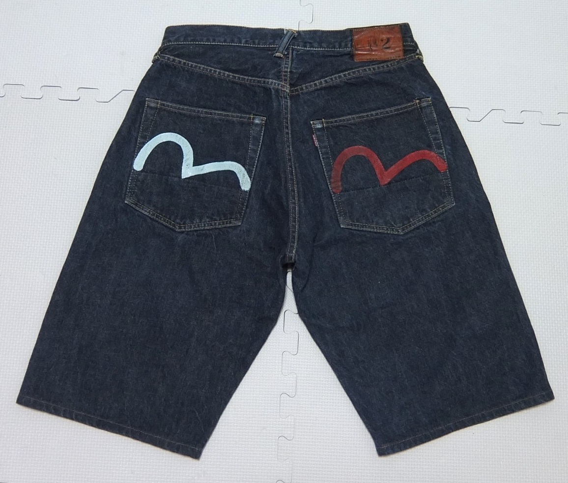 EVISU エヴィス 2001 デニム ショーツ 紺 32 カモメ ボタンフライ 虎耳 ハーフパンツ