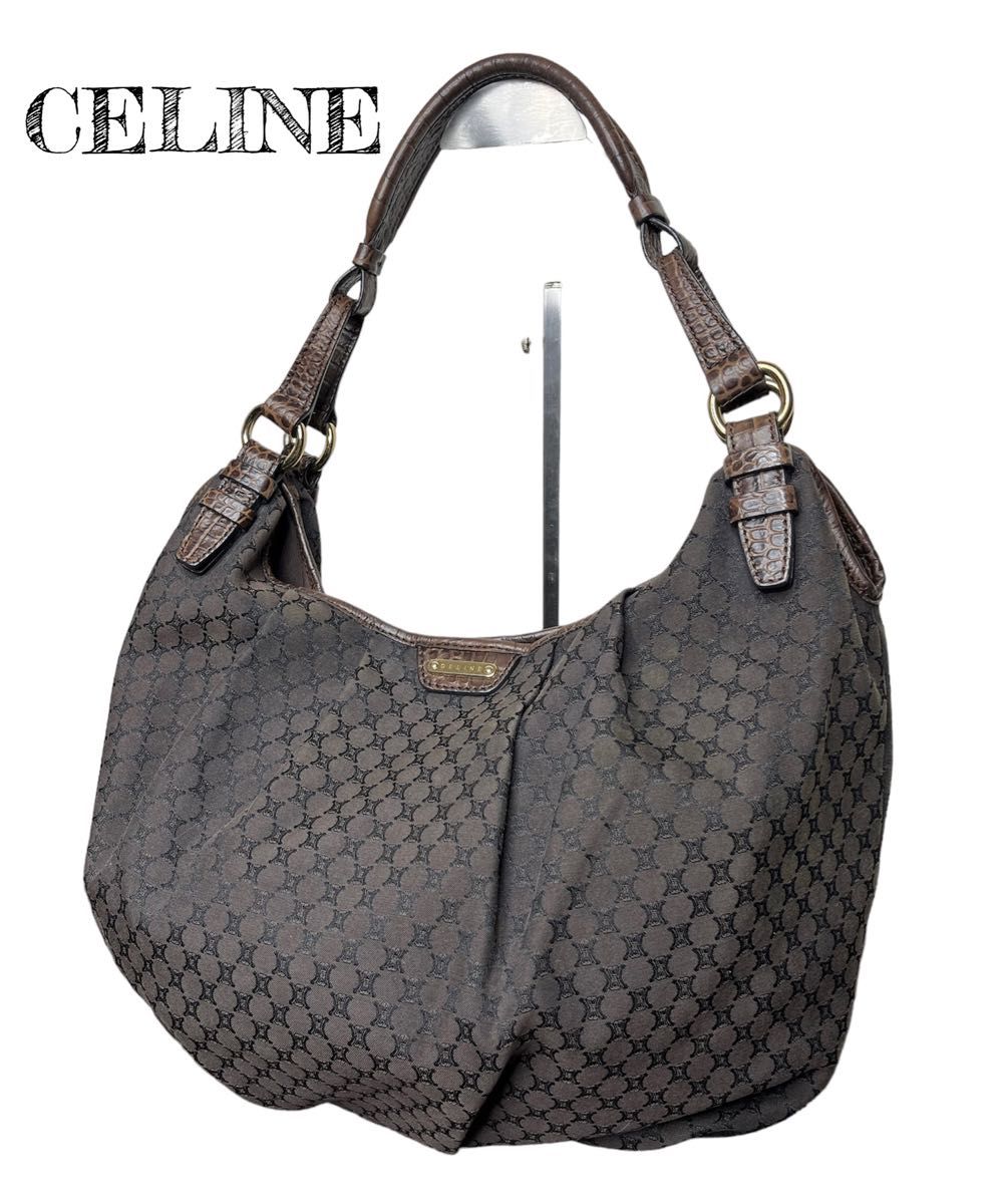 A4可 極美品 CELINE キャンバス トートバッグ マカダム柄 クロコ 茶-