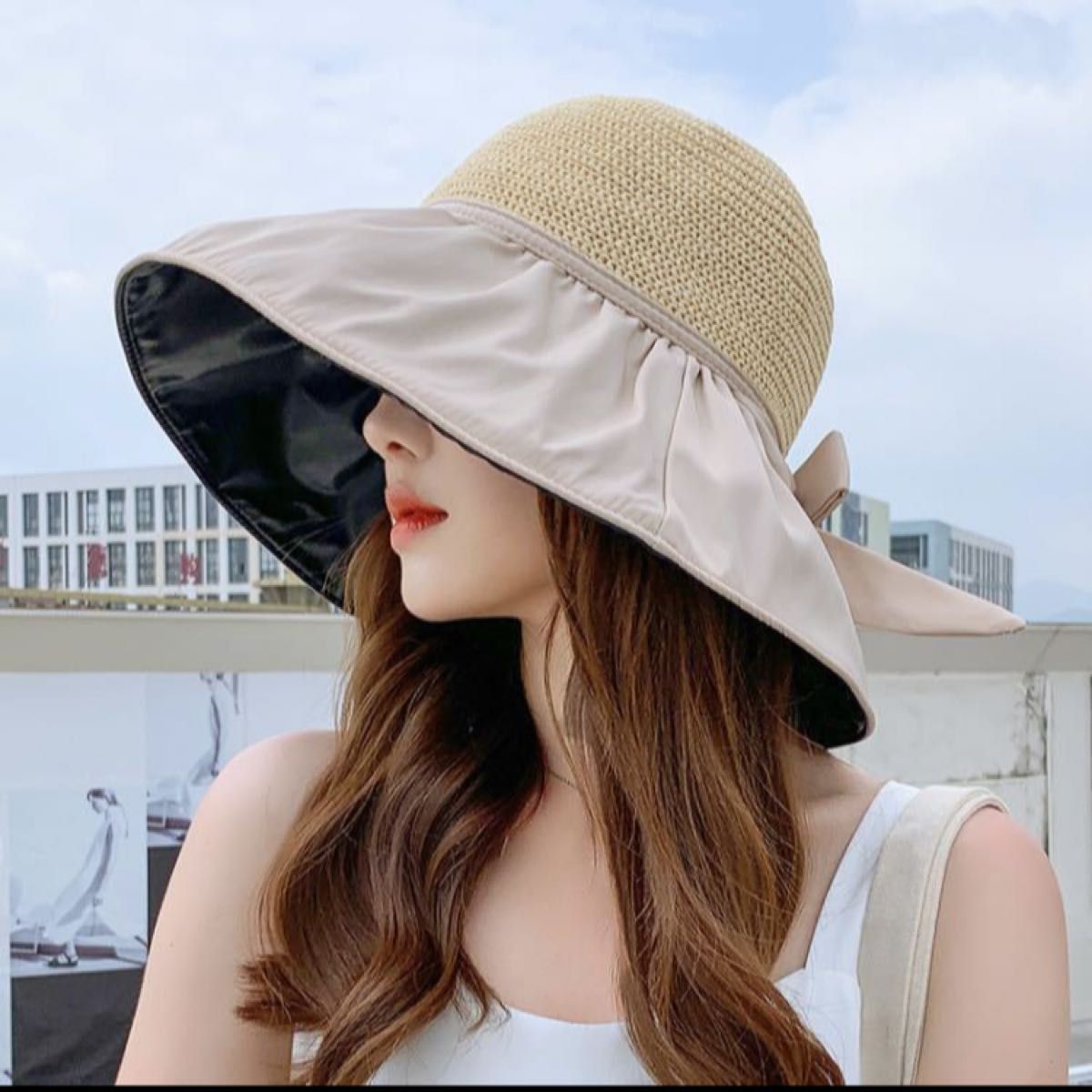 日焼け防止 つば広 帽子 UVカット 折りたたみ 紫外線防止 リボン