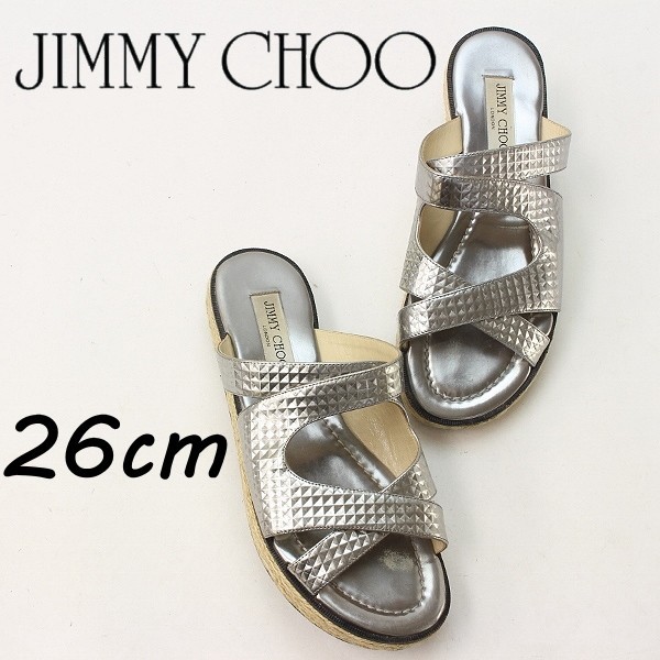 ◆JIMMY CHOO ジミーチュウ 型押し加工 レザー ジュート クロス サンダル メタリック シルバー 39_画像1