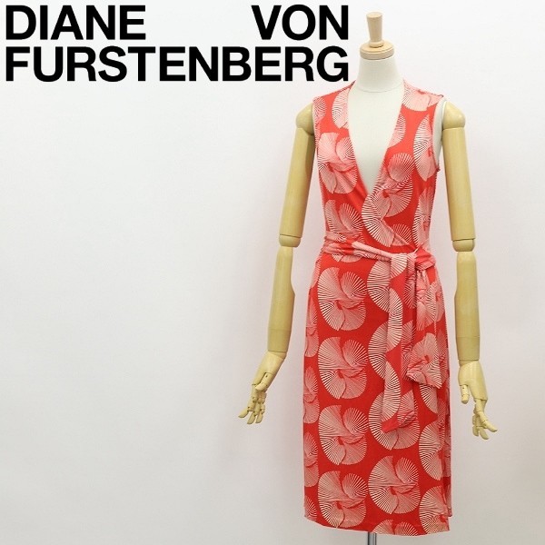 ◆DIANE von FURSTENBERG ダイアンフォンファステンバーグ JUNE 総柄 シルク ジャージー 巻き ラップ ワンピース オレンジ系 2_画像1