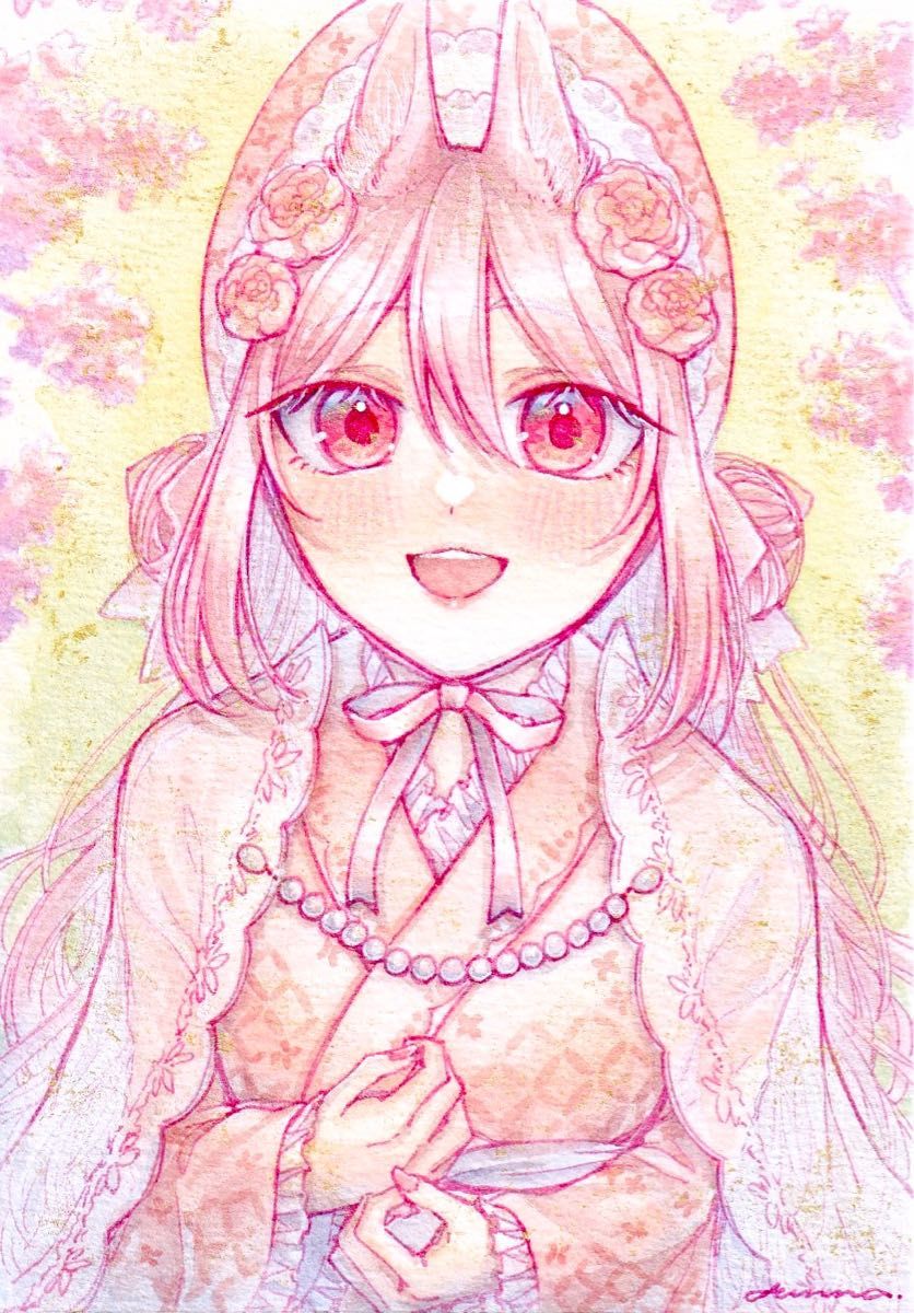 手描きイラスト オリジナル 創作 原画 春 桜 ピンク 着物 手描きイラスト オリジナル 創作 原画 春 桜 ピンク 着物