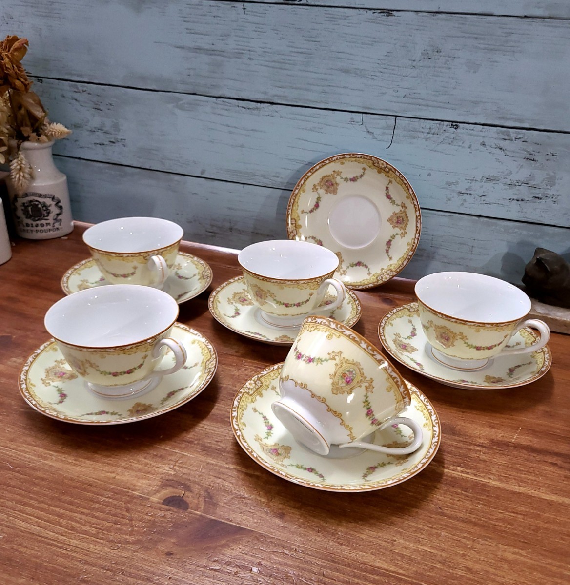 日本のアンティーク オールドノリタケ 1940s Noritake カップ&ソーサー 5客セット アラベスク 希少 ヴィンテージ マルキ印 ティーカップ