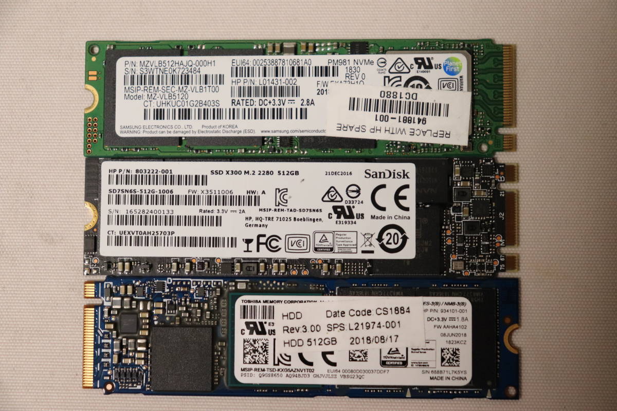 M227. SAMSUGG_SanDisk_TOSHIBA / M.2 SSD / 512GB SSD / 3枚セット / 消去・フォーマット済み_画像1