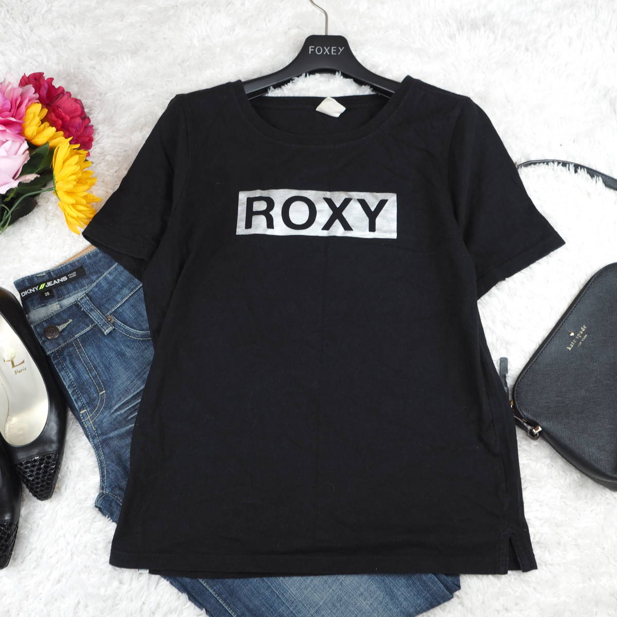 Y8914*ROXY Roxy * тянуть over * короткий рукав * Logo * футболка * cut and sewn * чёрный черный *S