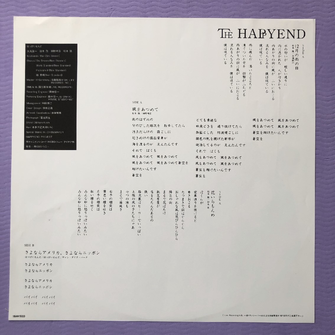 傷なし美盤 美ジャケ 1985年オリジナルリリース盤 はっぴいえんど Happy End LPレコード 細野晴臣 大瀧詠一 鈴木茂 松本隆 越美晴_画像6