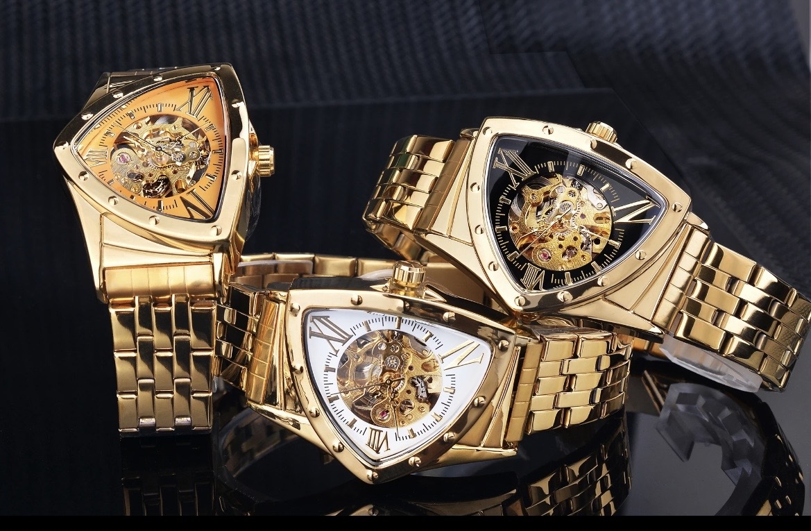 メンズ 腕時計 機械式 スケルトン 三角形 ゴールド × ゴールド ステンレス トライアングル ウォッチ_画像6