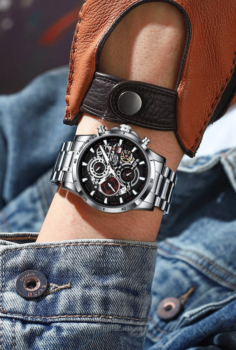 Lige メンズ 腕時計 中空 クロノグラフ スポーツ 防水 ウォッチ ファッション ビジネス 時計 ステンレス シルバー_画像4