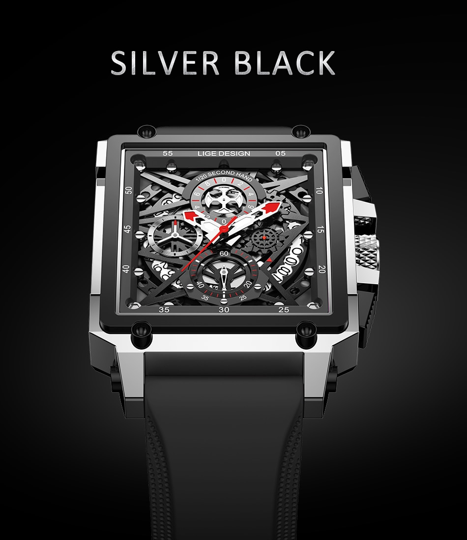 LIGE メンズ 腕時計 高品質 ファッショナブル スクエア デザイン クロノグラフ クォーツ ウォッチ シリコンバンド シルバー × ブラック_画像2