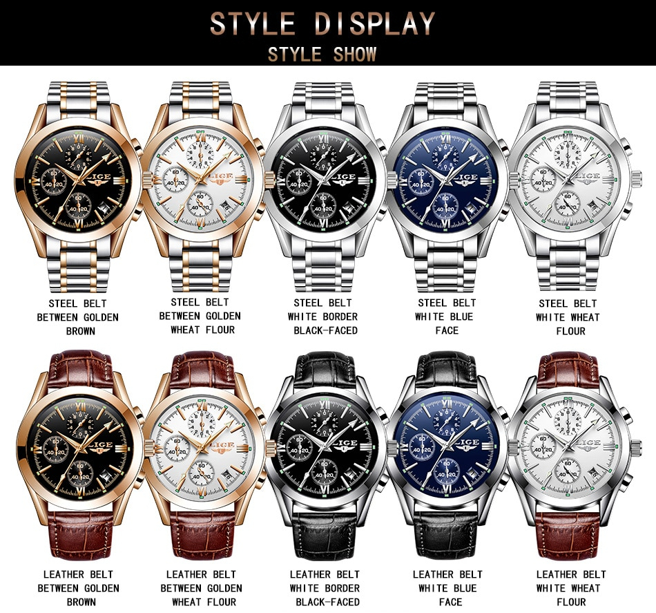 Lige メンズ 腕時計 高品質 クロノグラフ 防水 ウォッチ ファッション ビジネス 時計 ステンレス ゴールド × ブラック_画像2
