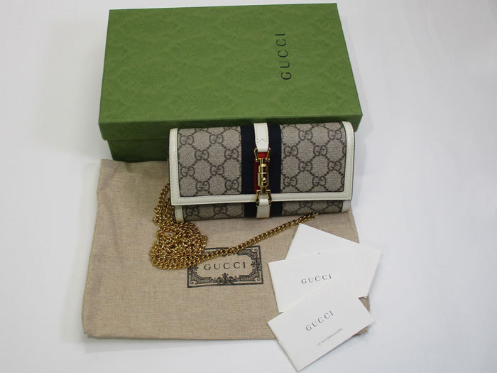 【中古】GUCCI ジャッキー 1961 チェーン ウォレット 二つ折り 長財布 GGスプリーム キャンバス レザー ベージュ ホワイト 652681_画像9