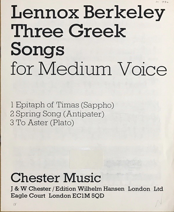 バークレー Three Greek Songs for Medium Voice 輸入楽譜 Lennox Berkeley 声楽 歌曲 ヴォーカル 洋書_画像1