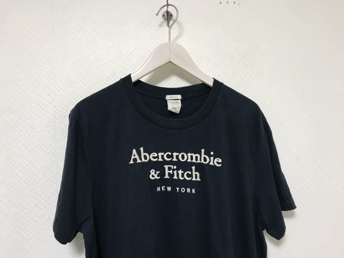 本物アバクロアンドフィッチAbercrombie&Fitchコットンロゴ刺繍半袖TシャツメンズアメカジサーフミリタリービジネスXXL紺ネイビー2XL