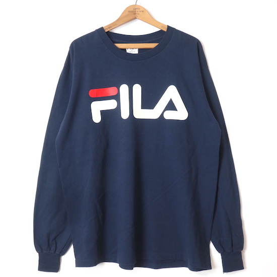 FILA■ロゴプリントロングスリーブTシャツ ネイビー/L 90S USA製 フィラ_画像1