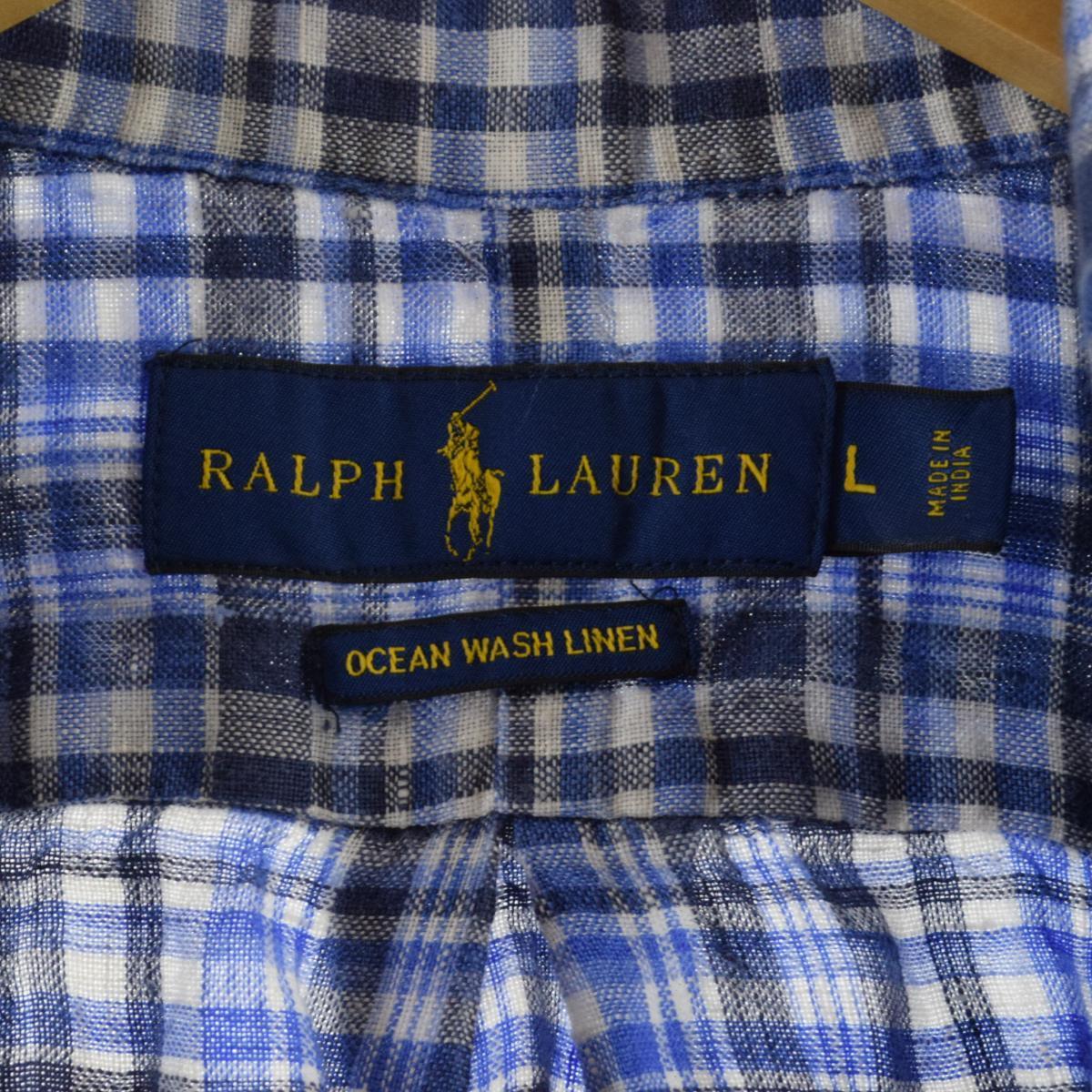 古着 ラルフローレン Ralph Lauren チェック柄 長袖 リネン ボタンダウンシャツ メンズL /eaa308353_画像3