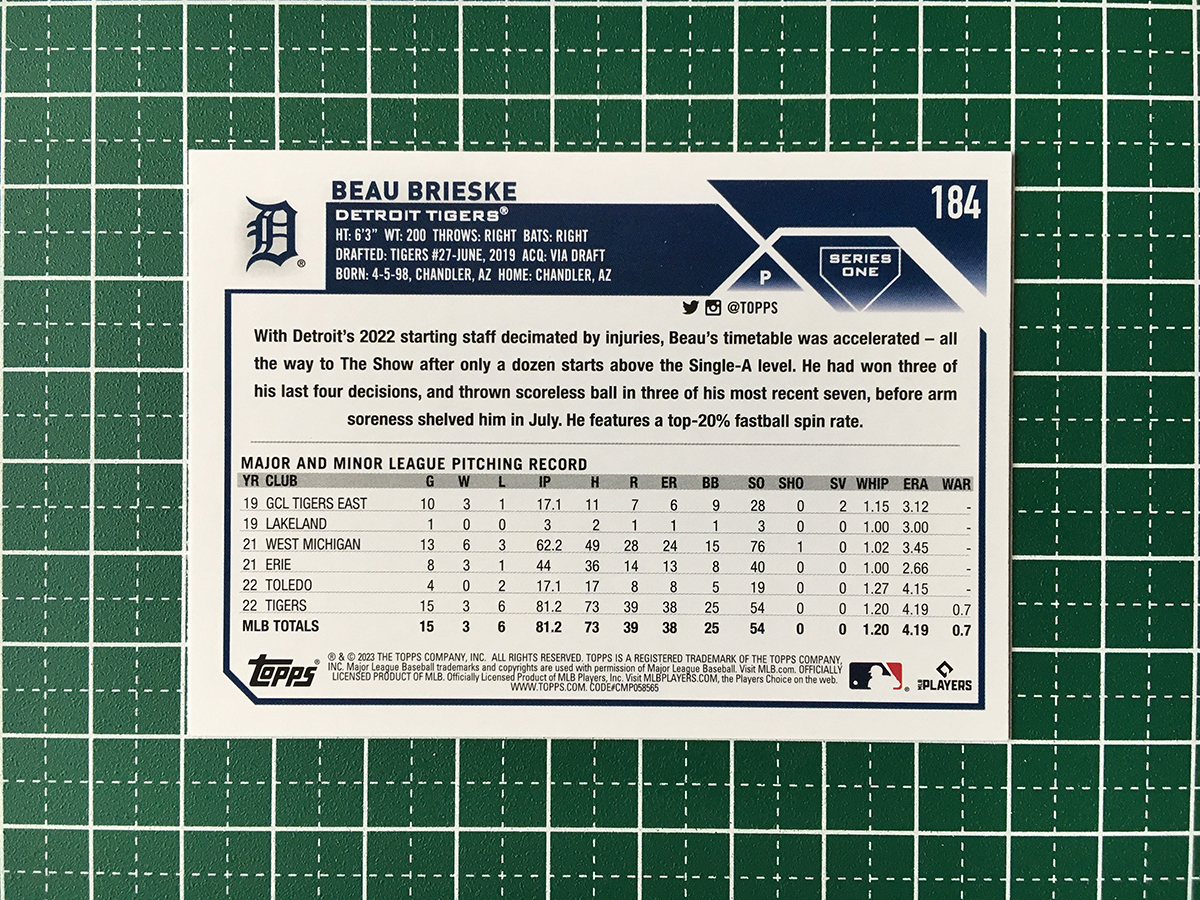 ★TOPPS MLB 2023 SERIES 1 #184 BEAU BRIESKE［DETROIT TIGERS］ベースカード「BASE」★_画像2