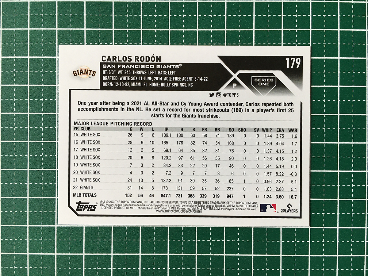 ★TOPPS MLB 2023 SERIES 1 #179 CARLOS RODON［SAN FRANCISCO GIANTS］ベースカード「BASE」★_画像2