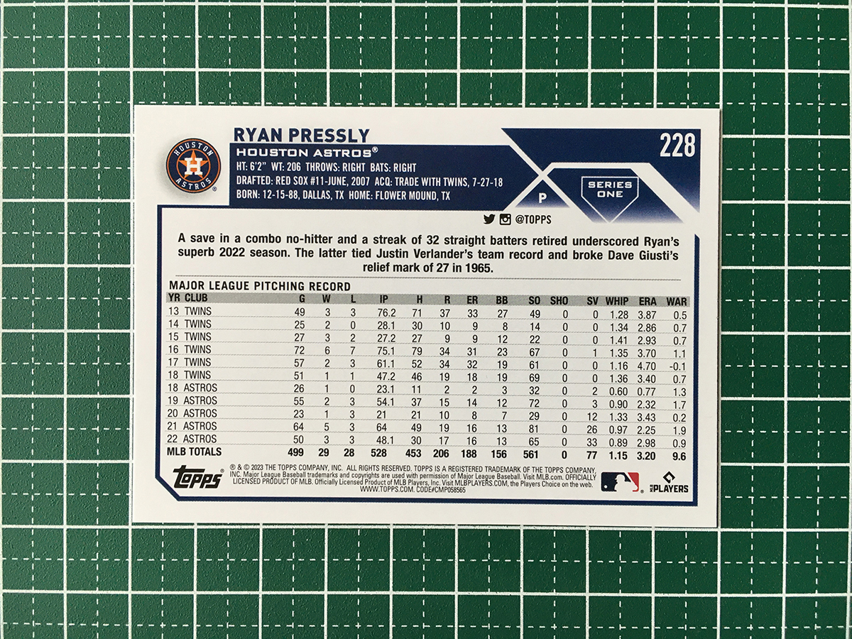 ★TOPPS MLB 2023 SERIES 1 #228 RYAN PRESSLY［HOUSTON ASTROS］ベースカード「BASE」★の画像2