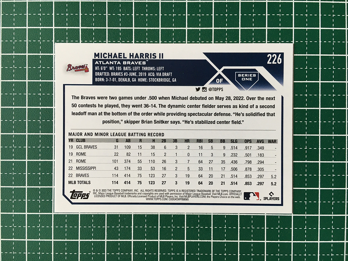 ★TOPPS MLB 2023 SERIES 1 #226 MICHAEL HARRIS II［ATLANTA BRAVES］ベースカード「BASE」ルーキー「RC」★_画像2