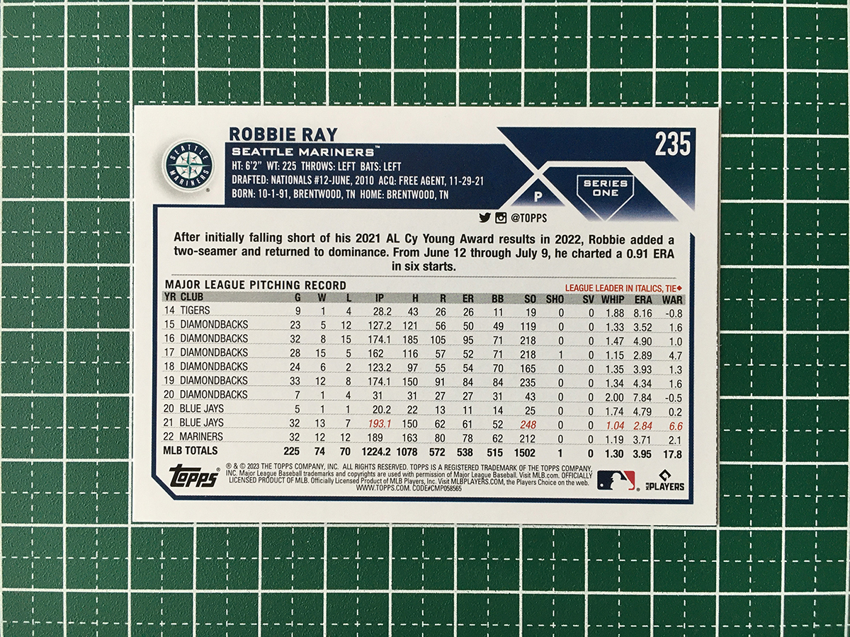 ★TOPPS MLB 2023 SERIES 1 #235 ROBBIE RAY［SEATTLE MARINERS］ベースカード「BASE」★_画像2
