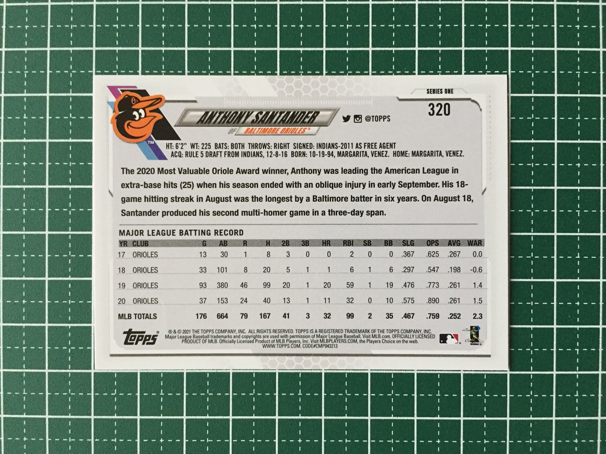 ★TOPPS MLB 2021 SERIES 1 #320 ANTHONY SANTANDER［BALTIMORE ORIOLES］ベースカード★_画像2