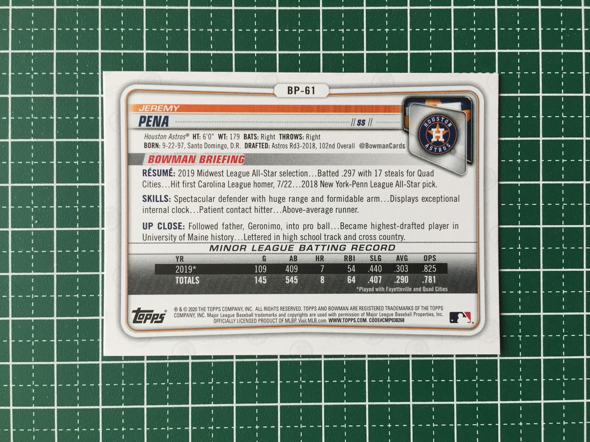 ★TOPPS MLB 2020 BOWMAN #BP-61 JEREMY PENA［HOUSTON ASTROS］ベースカード PROSPECTS プロスペクト 1st 20★_画像2