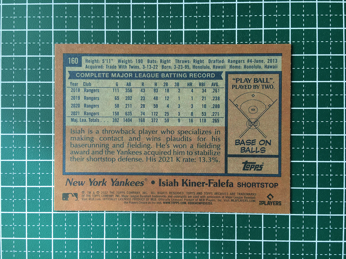 ★TOPPS MLB 2022 ARCHIVES #160 ISIAH KINER-FALEFA［NEW YORK YANKEES］ベースカード「1978 TOPPS」★_画像2