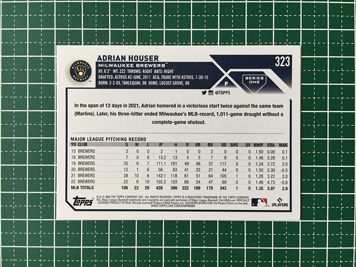 ★TOPPS MLB 2023 SERIES 1 #323 ADRIAN HOUSER［MILWAUKEE BREWERS］ベースカード「BASE」★_画像2