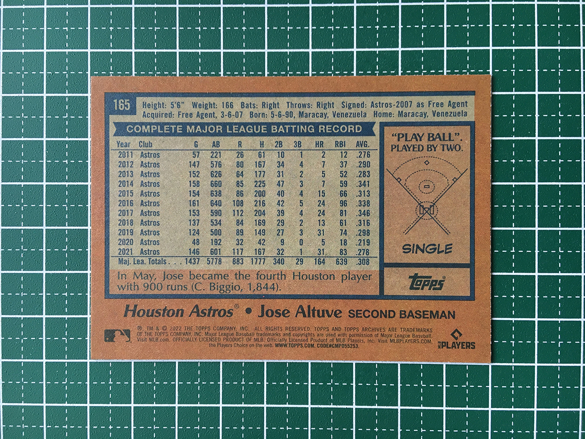 ★TOPPS MLB 2022 ARCHIVES #165 JOSE ALTUVE［HOUSTON ASTROS］ベースカード「1978 TOPPS」★_画像2