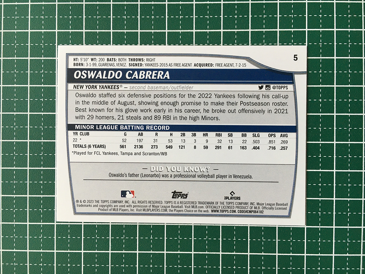 ★TOPPS MLB 2023 BIG LEAGUE #5 OSWALDO CABRERA［NEW YORK YANKEES］ベースカード「COMMON」ルーキー「RC」★の画像2