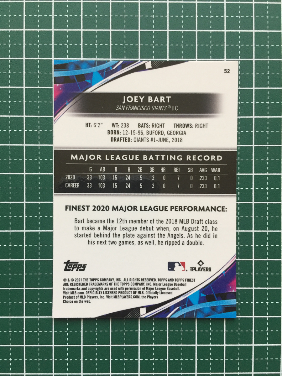 ★TOPPS MLB 2021 FINEST #52 JOEY BART［SAN FRANCISCO GIANTS］ベースカード「BASE」ルーキー RC★_画像2