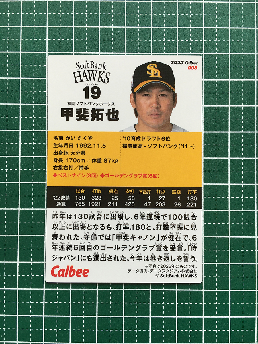 ★カルビー 2023 プロ野球チップス 第1弾 #008 甲斐拓也［福岡ソフトバンクホークス］第一弾 レギュラーカード★_画像2