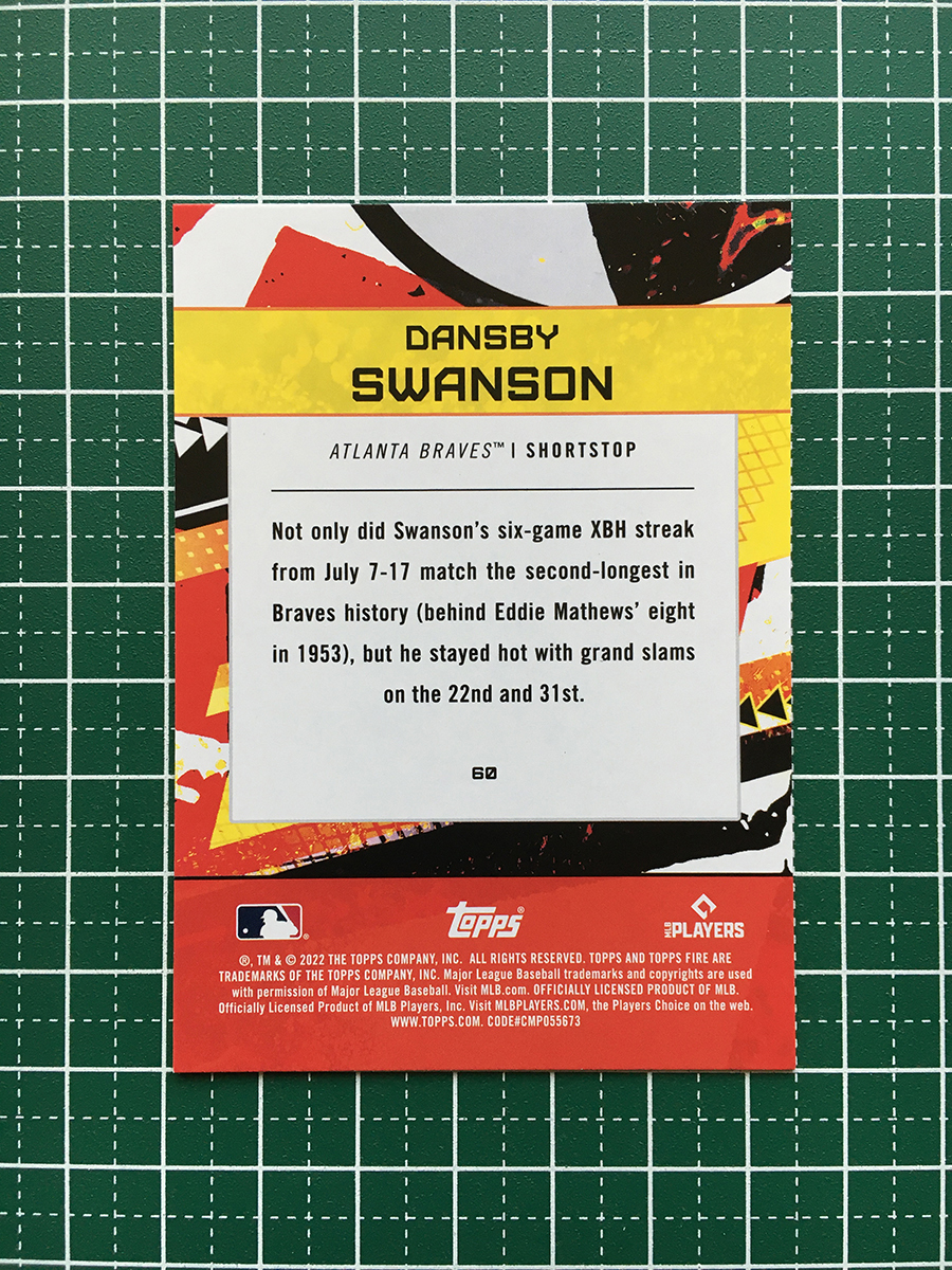 ★TOPPS MLB 2022 FIRE #60 DANSBY SWANSON［ATLANTA BRAVES］ベースカード「BASE」★_画像2