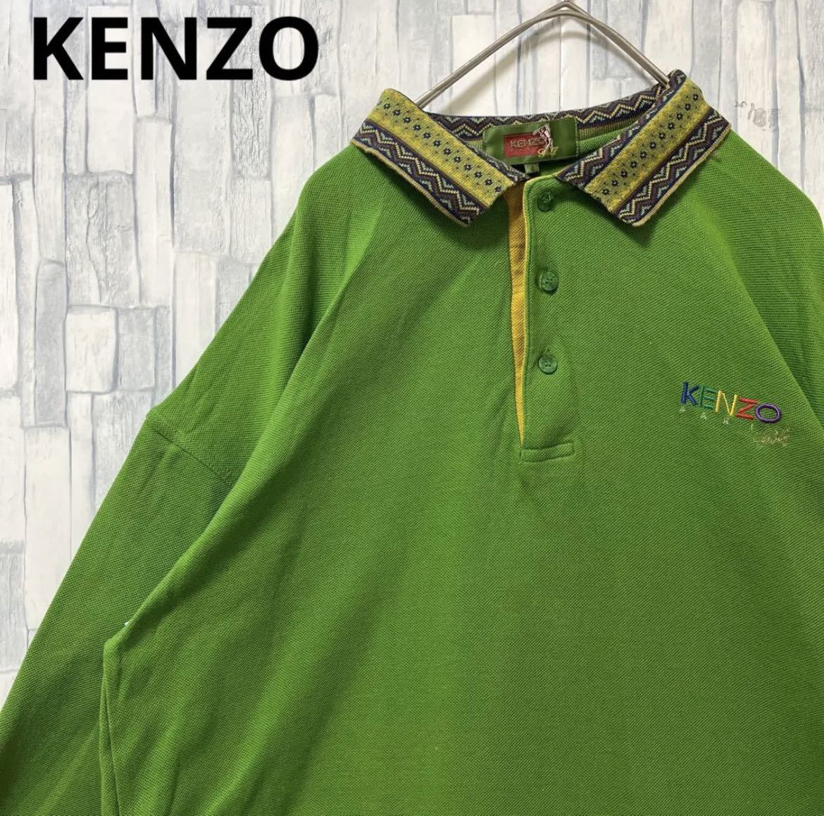 KENZO GOLF ケンゾー ゴルフ 長袖 ポロシャツ シンプルロゴ ワンポイントロゴ 刺繍ロゴ サイズM グリーン 送料無料_画像1