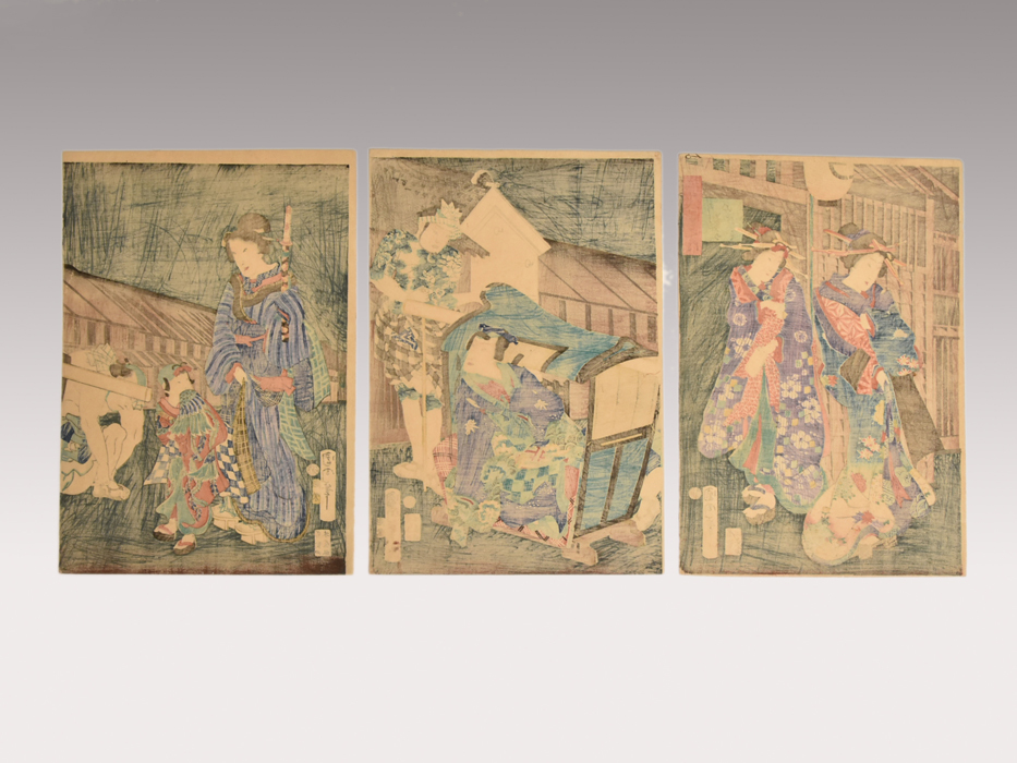 真作】江戸時代 豊原国周 大判浮世絵三枚続「江戸八景之内 真作】江戸時代 豊原国周 大判浮世絵三枚続「江戸八景之内