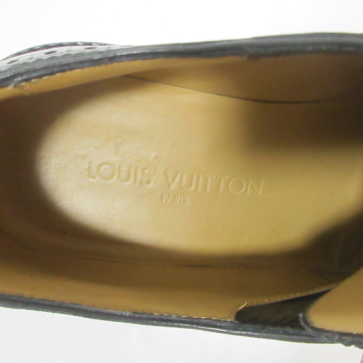 美品 Louis Vuitton ルイヴィトン レザー ウィングチップ パンチングLVロゴ ダービー ドレスシューズ 革靴 8.5 約27.5cm 黒 ブラック 402_画像4