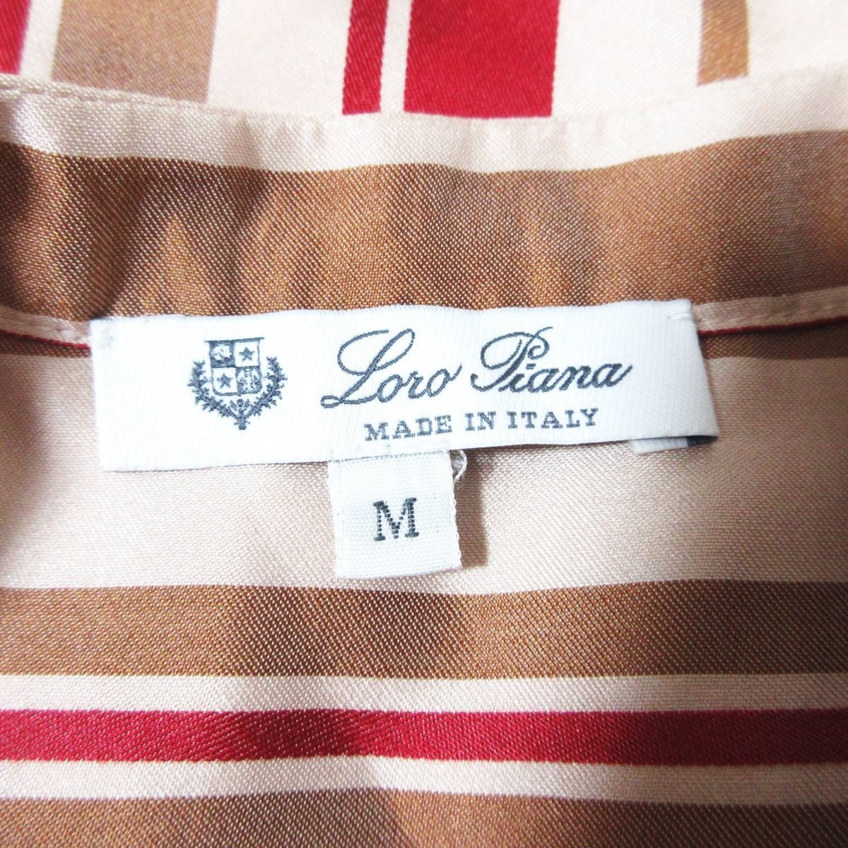 美品 Loro Piana ロロピアーナ 定番 シルク100％ ストライプ柄 五分袖 バンドカラー リンジーシャツ オーバーサイズ M ピンクベージュの画像4