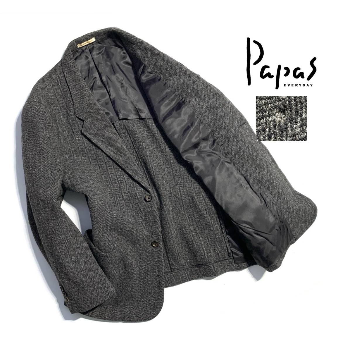 最高級【定価7万】Papas パパス ツイード ジャケット M(46) Pロゴ刺繍 ウール メンズ 2B ヘリンボーン 日本製 着心地抜群