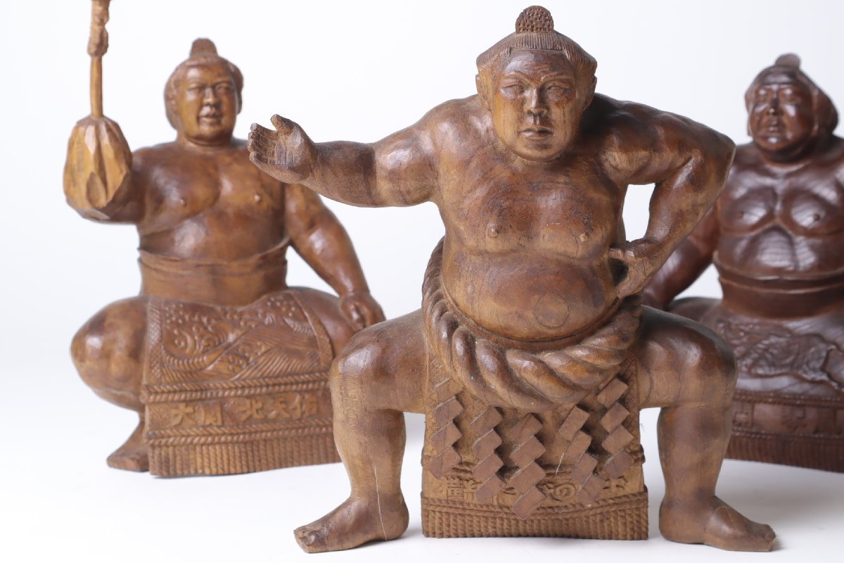 木彫 純和 銘 相撲人形 3体 横綱 千代の富士 大関 北天祐佑 大関 琴風