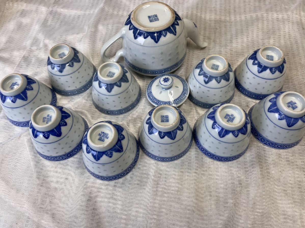 中国 景徳鎮 製 茶器セット 煎茶道具 青花 染付 急須 1点、湯呑み10点