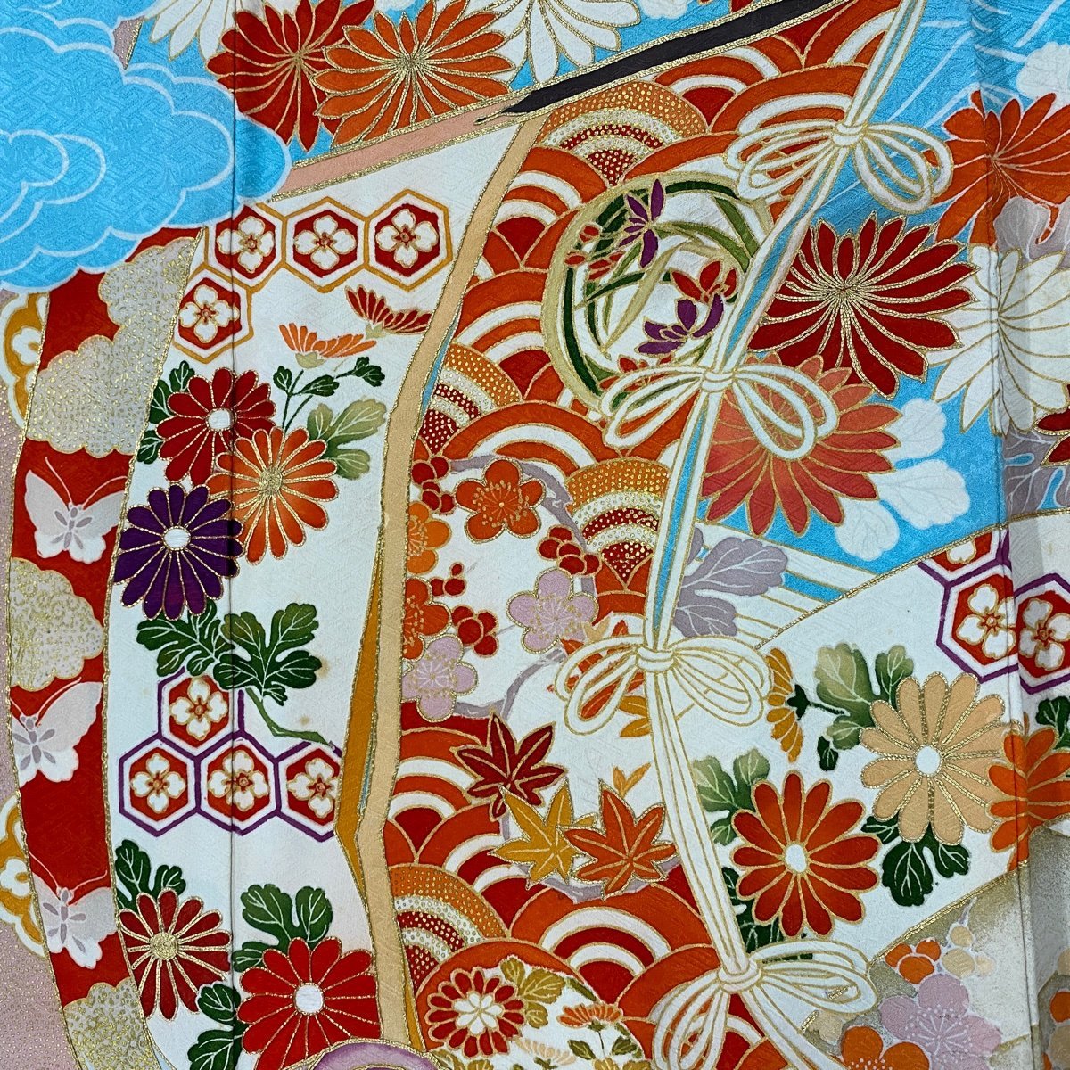 振袖 秀品 几帳 袷 M 金彩 裄丈64.5cm 身丈158.5cm 水色 金糸 草花