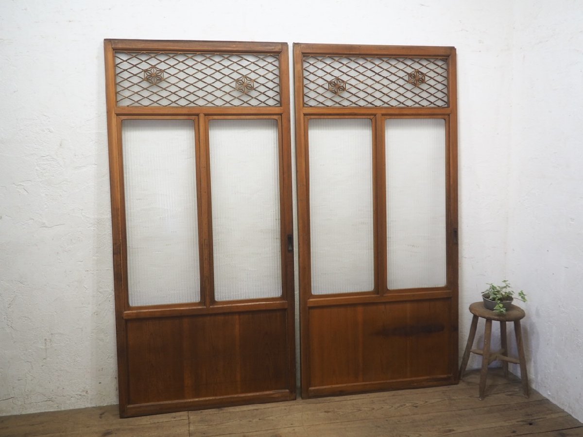 taJ0589*[H176cm×W85cm]×2 sheets * antique * molding glass entering. wonderful old wooden sliding door * fittings glass door sash old Japanese-style house block house retro L pine 