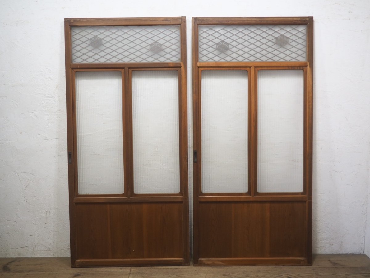 taJ0589*[H176cm×W85cm]×2 sheets * antique * molding glass entering. wonderful old wooden sliding door * fittings glass door sash old Japanese-style house block house retro L pine 